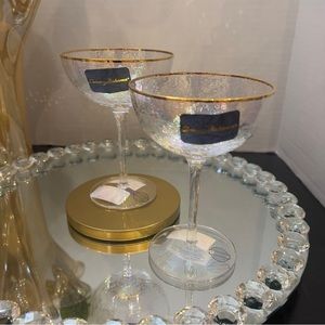 Tommy Bahama Iridescent Coupe Champagne Cocktail Glasses Gold Rim Set of 2 New